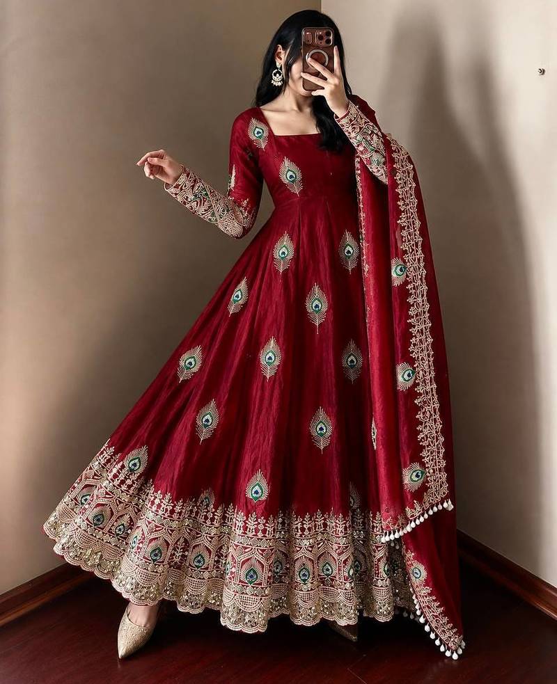 Maroon peacock feather embroidered silk gown with pant & dupatta