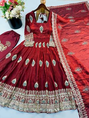 Maroon peacock feather embroidered silk gown with pant & dupatta 4