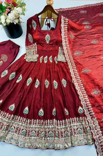 Maroon peacock feather embroidered silk gown with pant & dupatta
