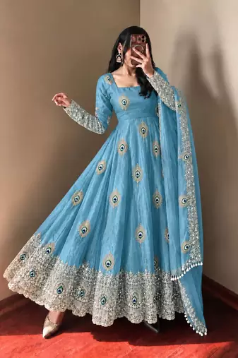 Sky blue peacock feather embroidered silk gown with pant & dupatta