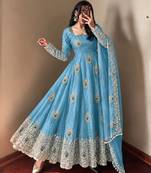 Sky blue peacock feather embroidered silk gown with pant & dupatta