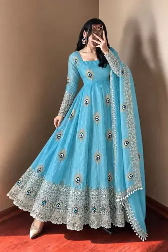 Sky blue peacock feather embroidered silk gown with pant & dupatta