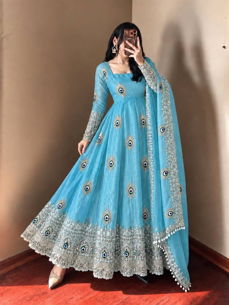 Sky blue peacock feather embroidered silk gown with pant & dupatta