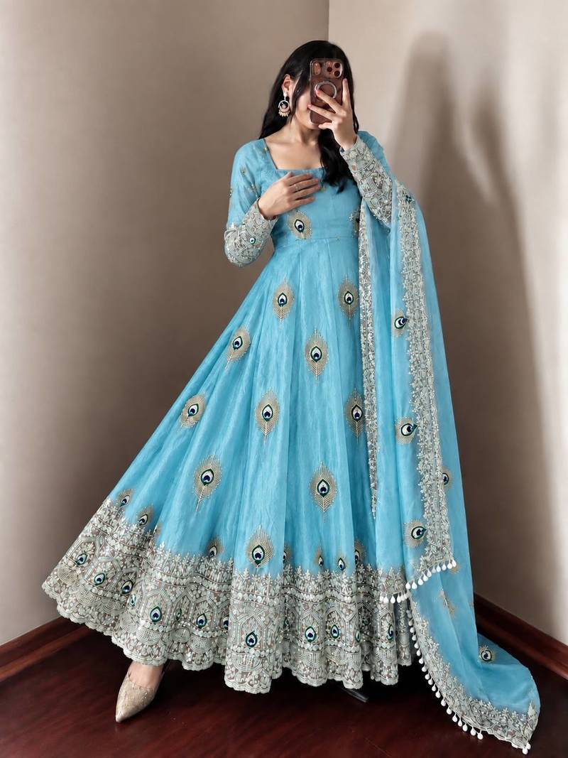 Sky blue peacock feather embroidered silk gown with pant & dupatta