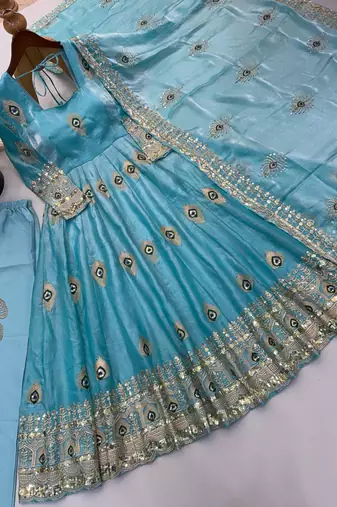 Sky blue peacock feather embroidered silk gown with pant & dupatta