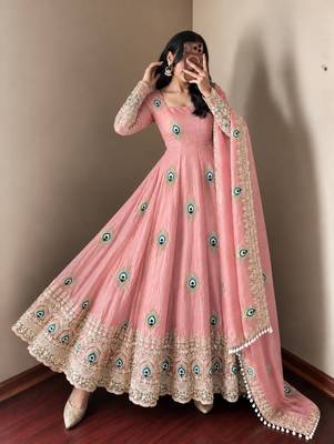Baby pink peacock feather embroidered silk gown with pant & dupatta 1