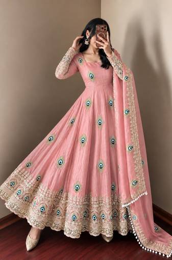 Baby pink peacock feather embroidered silk gown with pant & dupatta