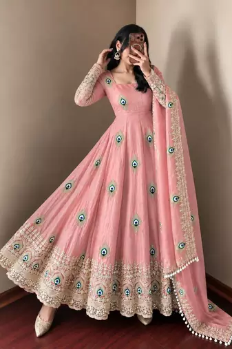 Baby pink peacock feather embroidered silk gown with pant & dupatta