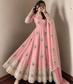 Baby pink peacock feather embroidered silk gown with pant & dupatta