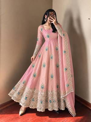 Baby pink peacock feather embroidered silk gown with pant & dupatta 2