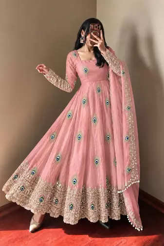 Baby pink peacock feather embroidered silk gown with pant & dupatta
