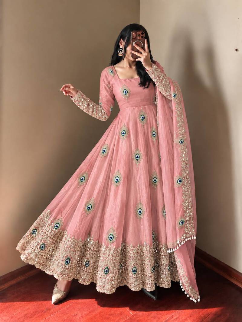 Baby pink peacock feather embroidered silk gown with pant & dupatta