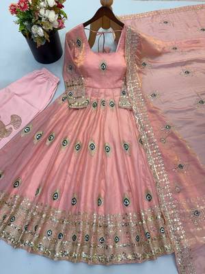 Baby pink peacock feather embroidered silk gown with pant & dupatta 4
