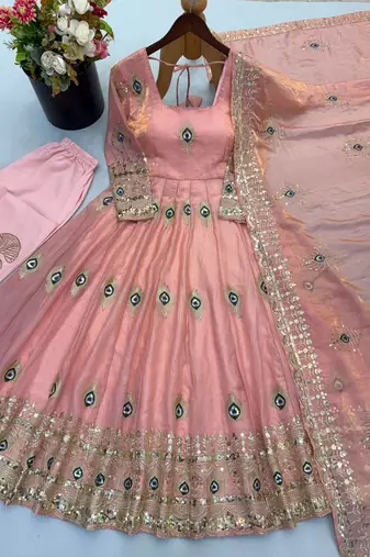Baby pink peacock feather embroidered silk gown with pant & dupatta