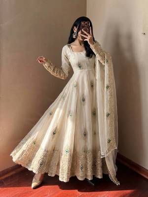 White peacock feather embroidered silk gown with pant & dupatta 1