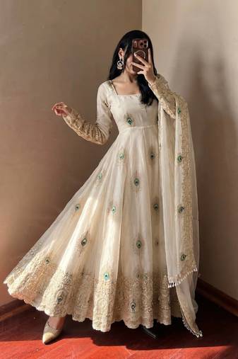 White peacock feather embroidered silk gown with pant & dupatta