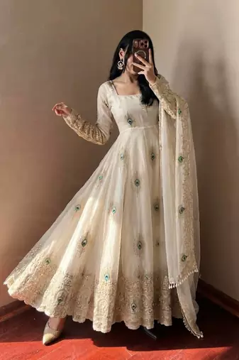 White peacock feather embroidered silk gown with pant & dupatta