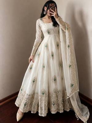 White peacock feather embroidered silk gown with pant & dupatta 2