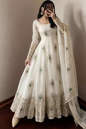 White peacock feather embroidered silk gown with pant & dupatta