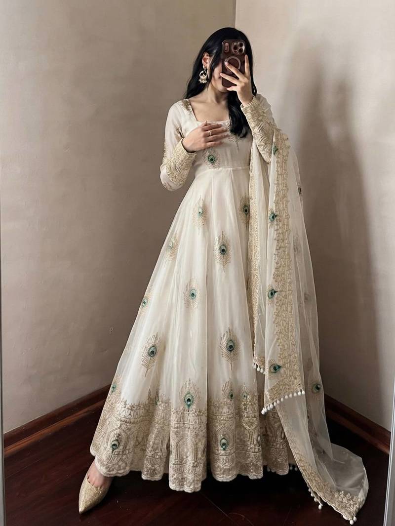 White peacock feather embroidered silk gown with pant & dupatta