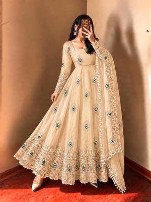 Beige peacock feather embroidered silk gown with pant & dupatta 1