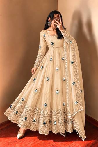 Beige peacock feather embroidered silk gown with pant & dupatta