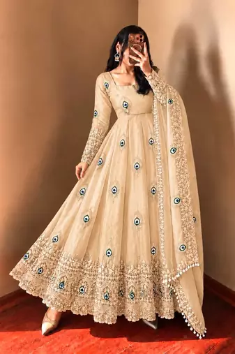Beige peacock feather embroidered silk gown with pant & dupatta
