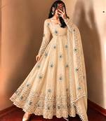 Beige peacock feather embroidered silk gown with pant & dupatta