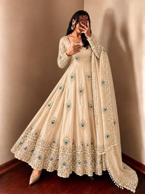 Beige peacock feather embroidered silk gown with pant & dupatta 2