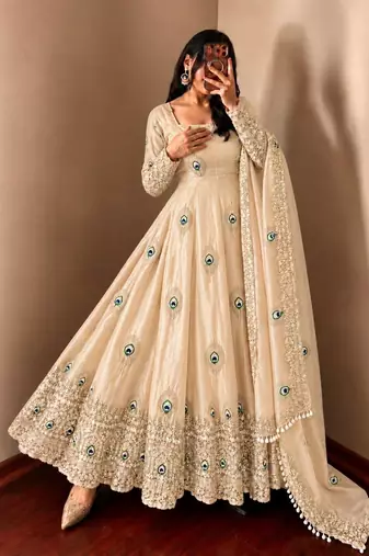 Beige peacock feather embroidered silk gown with pant & dupatta