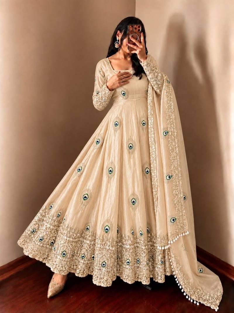 Beige peacock feather embroidered silk gown with pant & dupatta