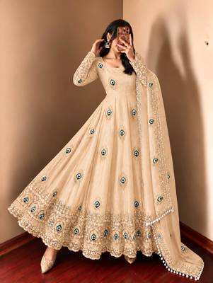 Beige peacock feather embroidered silk gown with pant & dupatta 3
