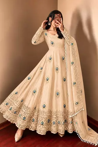 Beige peacock feather embroidered silk gown with pant & dupatta