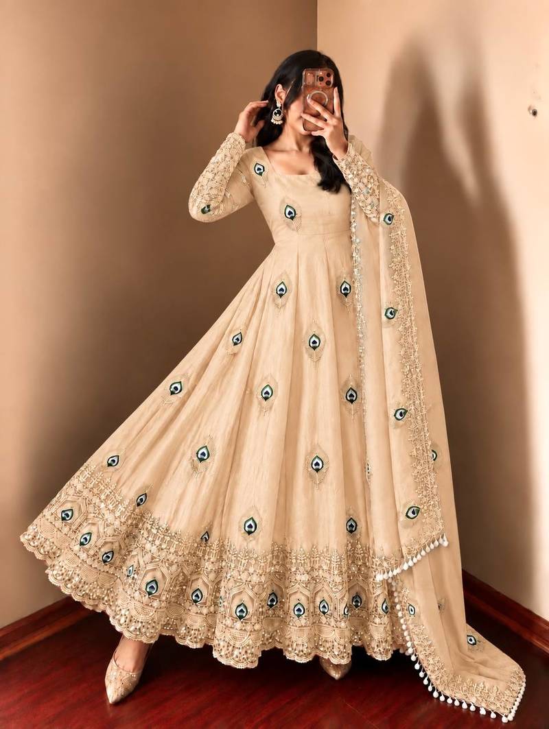 Beige peacock feather embroidered silk gown with pant & dupatta