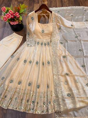 Beige peacock feather embroidered silk gown with pant & dupatta 4