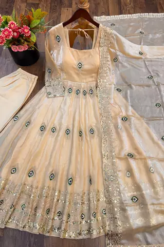 Beige peacock feather embroidered silk gown with pant & dupatta