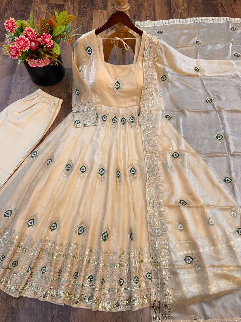Beige peacock feather embroidered silk gown with pant & dupatta