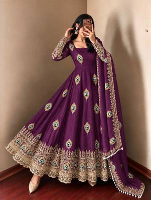 Purple peacock feather embroidered silk gown with pant & dupatta 1