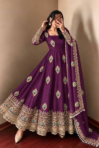 Purple peacock feather embroidered silk gown with pant & dupatta