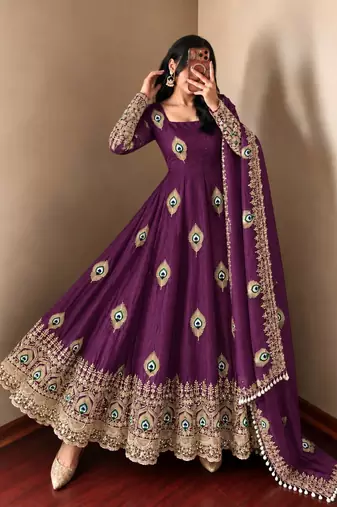 Purple peacock feather embroidered silk gown with pant & dupatta