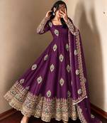 Purple peacock feather embroidered silk gown with pant & dupatta