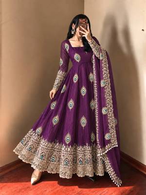 Purple peacock feather embroidered silk gown with pant & dupatta 2