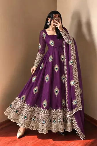 Purple peacock feather embroidered silk gown with pant & dupatta