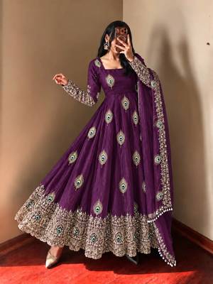 Purple peacock feather embroidered silk gown with pant & dupatta 3