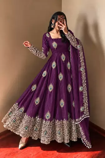 Purple peacock feather embroidered silk gown with pant & dupatta