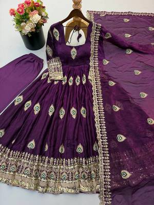 Purple peacock feather embroidered silk gown with pant & dupatta 4