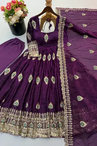 Purple peacock feather embroidered silk gown with pant & dupatta