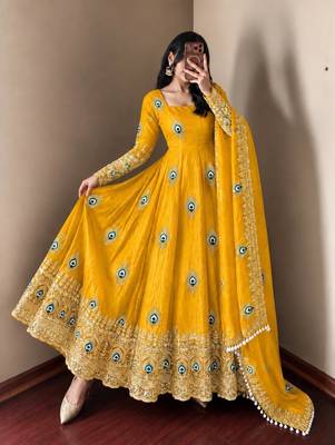Yellow peacock feather embroidered silk gown with pant & dupatta 1
