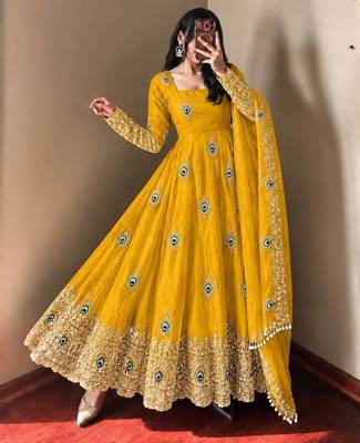 Yellow peacock feather embroidered silk gown with pant & dupatta 2