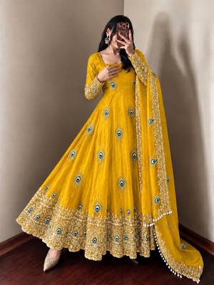 Yellow peacock feather embroidered silk gown with pant & dupatta 3